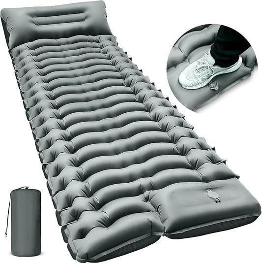FUN PAC Camping Sleeping Pad, Ultralight Camping Mat with Pillow Built-in Foot Pump Inflatable Sleeping Pads Compact for Camping Backpacking Hiking Traveling - Gray