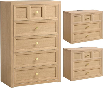 3-Piece Bedroom Set, 5 Drawer Tall Dresser and 3 Drawer King Size Nightstands Set of 2 with Charging Station, 3 Piece Farmhouse Wood Bedroom Dresser and Nightstand Sets, Natural