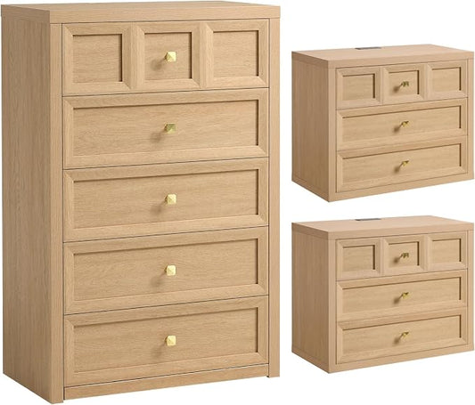 3-Piece Bedroom Set, 5 Drawer Tall Dresser and 3 Drawer King Size Nightstands Set of 2 with Charging Station, 3 Piece Farmhouse Wood Bedroom Dresser and Nightstand Sets, Natural