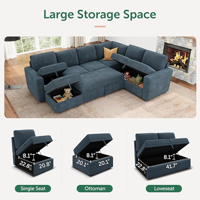 HONBAY Modular Sectional Sleeper Sofa, Corduroy Sleeper Pull-Out Bed Couch with Storage, U Shaped Sectional Couches for Living Room, Blue