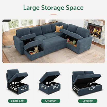 HONBAY Modular Sectional Sleeper Sofa, Corduroy Sleeper Pull-Out Bed Couch with Storage, U Shaped Sectional Couches for Living Room, Blue