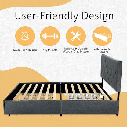 SHA CERLIN Upholstered King Size Platform Bed Frame with 4 Storage Drawers, Adjustable Headboard with Diamond Stitched Button Tufted Design, Wooden Slat Support, No Box Spring Needed, Dark Grey