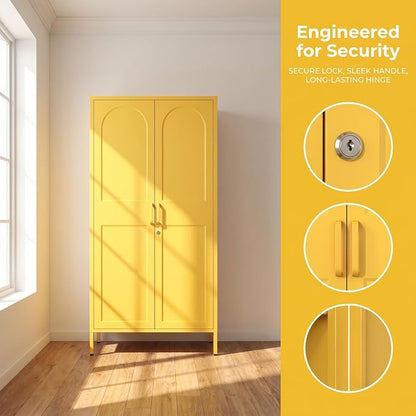 67" Industrial Lockable Metal 2-Door Wardrobe Storage Cabinet with Hanging Rod & Adjustable Shelves, Heavy Duty Multipurpose for Bedroom, Garage, Home Office, Yellow 67" H X 31.5" W X 18.1" D