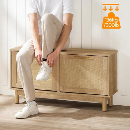 HOOBRO Shoe Storage Bench, Rattan Entryway Bench with 2 Flip Drawers, 39.4'' Hidden Shoe Cabinet with Adjustable Shelves, Comfort Seat Holds 300lb, Large Capacity Fits 8-12 Pairs, Natural NL51HX01