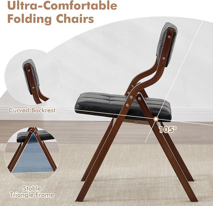 2-Pack Folding Dining Chairs with Cushion,Faux Leather Padded Foldable Dining Chairs,Portable Wooden Folding Chairs for Dining Rooms Kitchen Wedding and Party Indoor Black