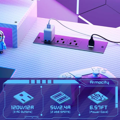 Armocity 53'' White Gaming Desk with Hutch and LED Lights, Gaming Computer Desk with Storage Shelves & Z-Shaped Legs, Reversible PC Game Desk with Pegboard for Bedroom, Carbon Fiber Surface
