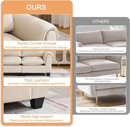 96" Faux Leather Modular Sectional Upholstered Sofa, Oversized 3 Seater Couch with Curved Armrests, Cloud Modern Upholstered Deep Seat Sofa for Living Room, Beige