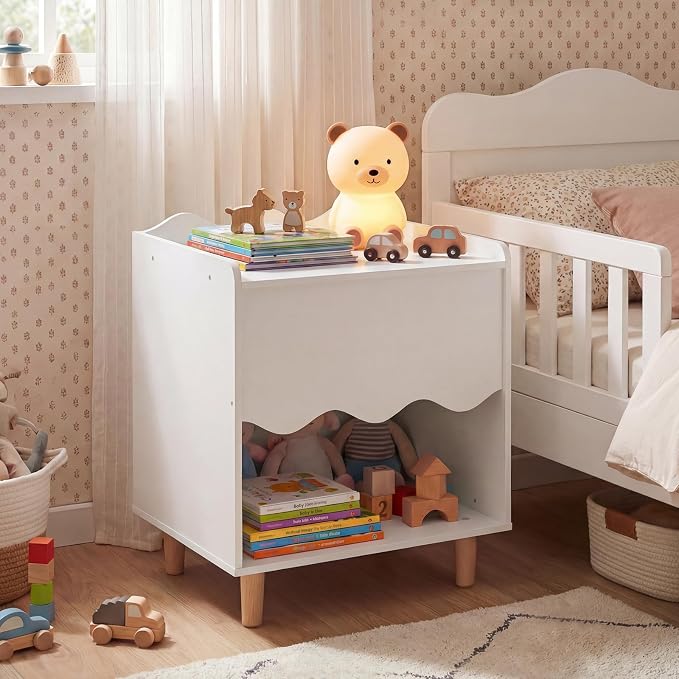 Costzon Nightstand, Kids Scalloped Side Table w/Wide Top, Large Storage Compartment & Solid Rubber Wood Legs, Wooden End Table for Children's Play Room, Bedroom, Living Room (White)