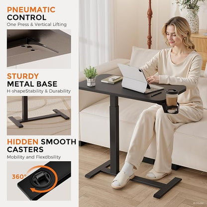 GTPLAYER Small Standing Desk with Hidden Wheels, Pneumatic Mobile Rolling Laptop Desk, Adjustable Height Overbed Bedside Table Computer Workstation for Home Office (28" W x 16" D, Black)
