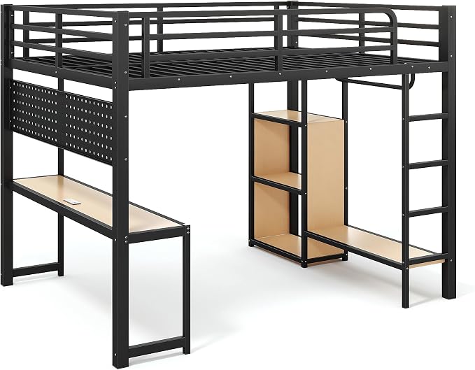 Bellemave Queen Size Loft Bed with Desk,with USB Ports, Lights, and Hanging Rod, Cave Board Design, Metal Queen Loft Bed Frame for Adults, Kids, Teens, Black