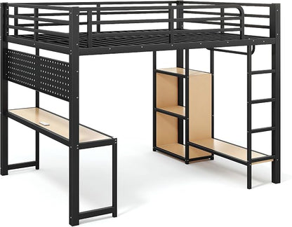 Bellemave Queen Size Loft Bed with Desk,with USB Ports, Lights, and Hanging Rod, Cave Board Design, Metal Queen Loft Bed Frame for Adults, Kids, Teens, Black
