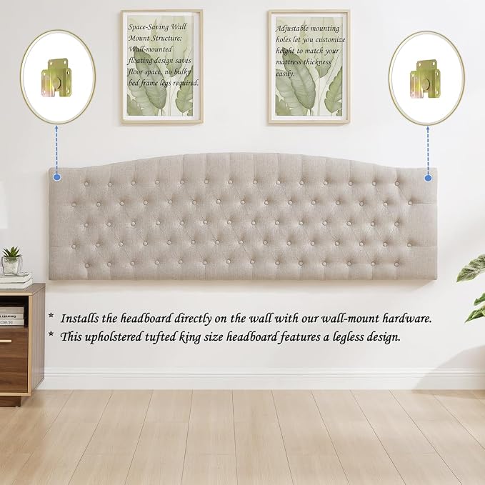 24KF Upholstered Tufted Button Linen Wall Mounted Headboard,Comfortable Fashional Headboard King/CA King Size, 6055-K-Linen
