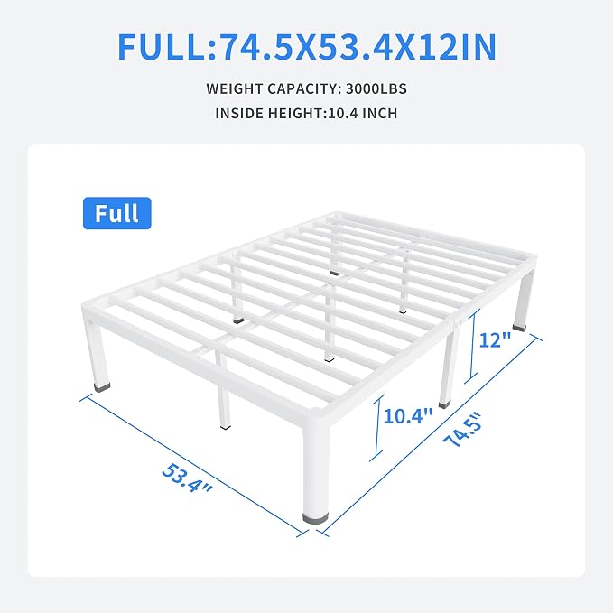 MAF 12 Inch Full Size Metal Platform Bed Frame White with Round Corner Legs, Mattress Slide Stopper, 3000 LBS Heavy Duty Steel Slats Support, Noise Free, No Box Spring Needed, Easy Assembly