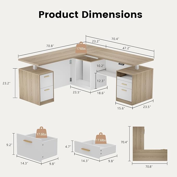 ModernMate 71" L-Shaped Electric Standing Desk with 5 Drawers, One-Piece Height Adjustable Executive Stand Up Desk, AC/USB & Privacy Panel, Home Office Workstation with Storage, Light Walnut