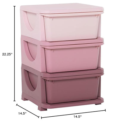 Qaba 3 Drawers Kids Storage Unit, 3 Tier Stackable Toy Organizers and Storage Chest for Bedroom, Nursery, Playroom, Living Room, Boys, Girls, Toddlers, Pink