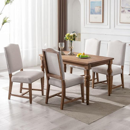 ROCITY Linen Dining Chairs Set of 4 Beige Upholstered Dining Room Chairs Farmhouse Kitchen Side Chairs with Wooden Legs&Nailhead Trim