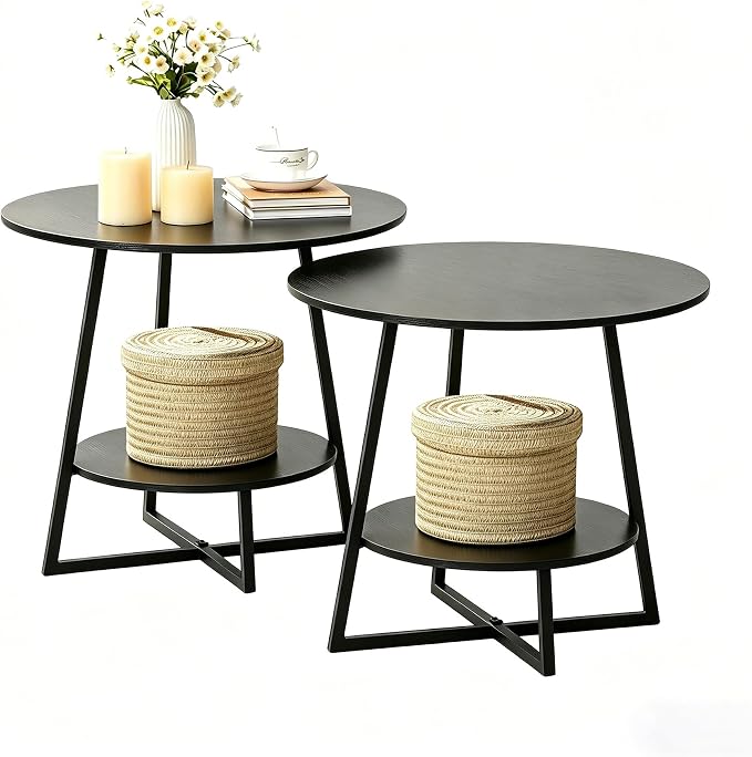 D&H FURNIMMT 20" Living Room Side Table Set of 2 for Small Spaces, 2 Tier Wood Top Round End Tables with Storage Shelf, Accent Sofa Table for Bedroom, Office, Sunroom, Balcony, Black