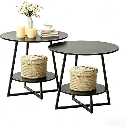 D&H FURNIMMT 20" Living Room Side Table Set of 2 for Small Spaces, 2 Tier Wood Top Round End Tables with Storage Shelf, Accent Sofa Table for Bedroom, Office, Sunroom, Balcony, Black
