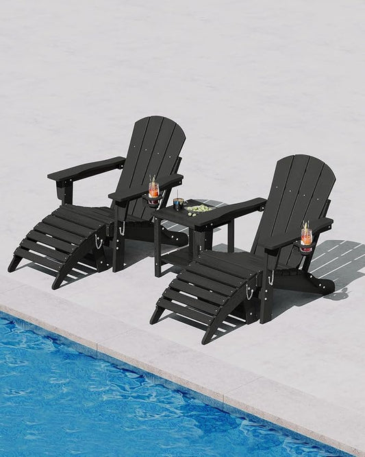 Garvee Folding Adirondack Chair Set of 5, HDPE Outdoor Patio Chair with Cup Holder, All Weather Resistent Wooden Textured for patios, Decks, Gardens, fire Pit, Black