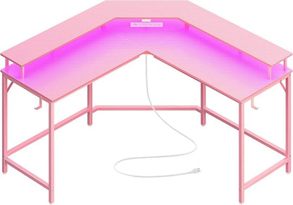 Huuger L Shaped Gaming Desk with Power Outlets & LED Lights, Computer Desk with Monitor Shelves, Carbon Fiber Surface, Home Office Desk, Corner Gaming Desk with Hooks, Carbon Fiber Pink