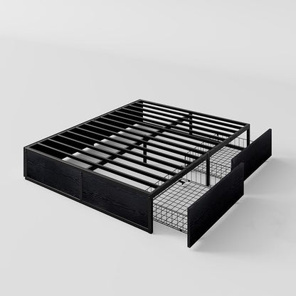 SHA CERLIN Full Platform Bed Frame with 2 Large Storage Drawers - Heavy Duty Metal & Rustic Wood, Noise-Free, No Box Spring Needed, Black