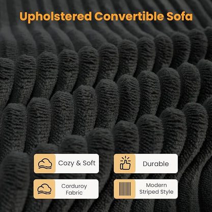 Convertible Sofa Bed, Pull Out 3 Seater Sleeper Sofa, 70" Black Boneless Couch Fold Out Floor Couch with 5 Pillows for Living Room Bedroom Lounge Small Space