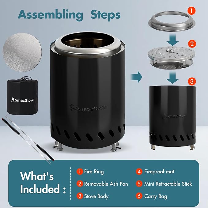 9.7 x 7.1 Inch Tabletop Fire Pit by AmazStove, Low Smoke Camping Stove for Outdoor Safe Burning Firepits, Fueled Pellets or Wood, Travel Bag Included (Black, 9.7 x 7.1 INCH)