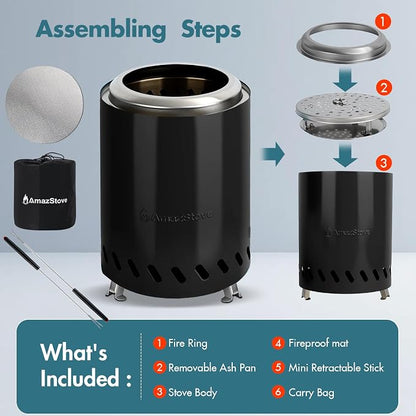 9.7 x 7.1 Inch Tabletop Fire Pit by AmazStove, Low Smoke Camping Stove for Outdoor Safe Burning Firepits, Fueled Pellets or Wood, Travel Bag Included (Black, 9.7 x 7.1 INCH)