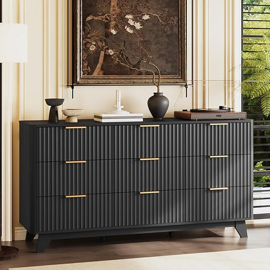 VINGLI Black Dresser 9 Drawer, Fluted Dresser with Rounded Edges, 57" Long Modern Dressers for Bedroom, Black and Gold, 57" W*15.75" D*29.92" H