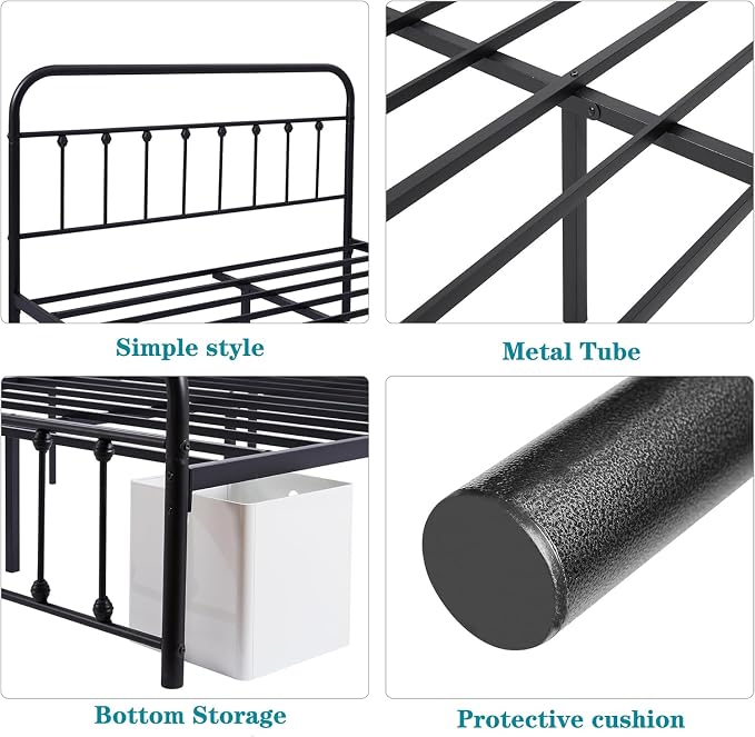 VECELO Black Victorian Style Metal Bed Frame with Headboard/Mattress Foundation/No Box Spring Needed/Under Bed Storage and Strong Slat Support King Size