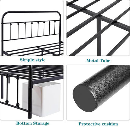 VECELO Black Victorian Style Metal Bed Frame with Headboard/Mattress Foundation/No Box Spring Needed/Under Bed Storage and Strong Slat Support King Size