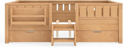 Bellemave Full Floor Bed with Stairs, Rails and Slats, Full Size Montessori Floor Bed with Bookshelf and 2 Storage Drawers, Easy Assemble Montessori Beds Frame for Girls, Boys, Deep Natural