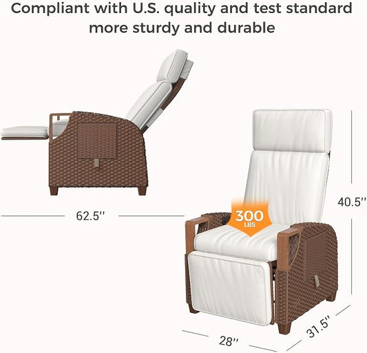 Grand patio Outdoor Recliner with Independent Adjustable Back and Footrest, Air Pump 150° Lay Flat Reclining Chair Removable Olefin Cushion Flip-Up Table Wicker Creamy White 1PC