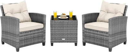 COSTWAY 3PCS Patio Furniture Set, PE Rattan Wicker Sofa w/Washable Cushion and Coffee Table, Tempered Glass Tabletop, Outdoor Conversation Set for Balcony, Porch, Yard, Backyard, Lawn (White)