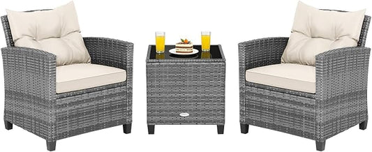 COSTWAY 3PCS Patio Furniture Set, PE Rattan Wicker Sofa w/Washable Cushion and Coffee Table, Tempered Glass Tabletop, Outdoor Conversation Set for Balcony, Porch, Yard, Backyard, Lawn (White)