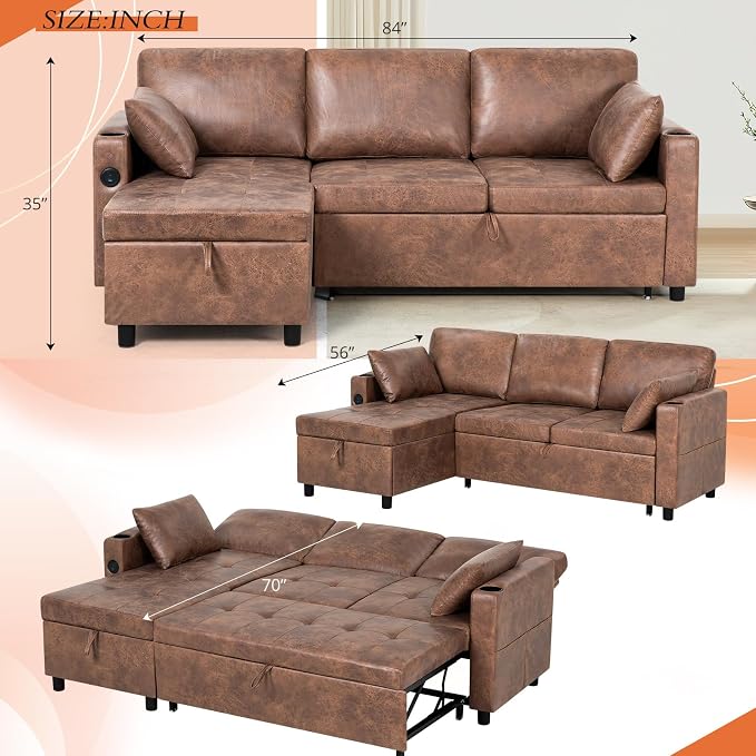 84" L-Shape Pull Out Sofa Bed with Adjustable Backrest, Upholstered Sectional Sleeper Sofa with Storage Chaise, Suede Leather Reversible Couch Bed with USB Port for Living Room, House, Brown