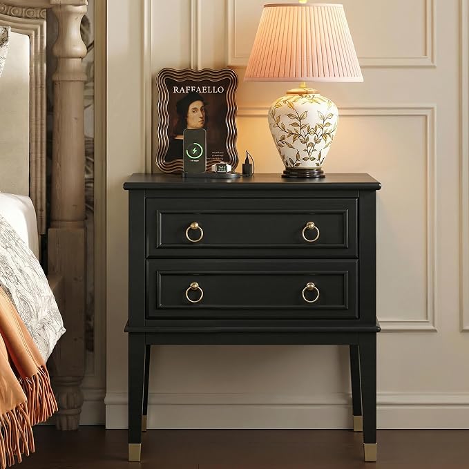Huuger 27.6 Inch Tall Nightstand with Charging Station, USB-C Port, Larger Night Stand Set of 2, Bedside Table with 2 Drawers, 11.4 Inch Raised Legs, Side Tables End Tables, for Bedroom, Black