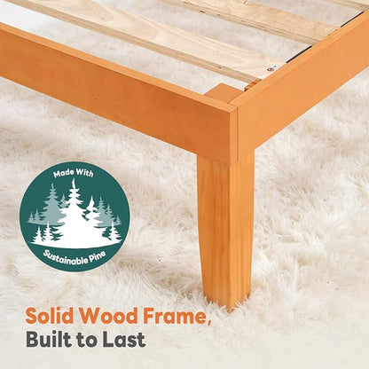 Sweetcrispy Full Size Bed Frame 14 inch Heavy Duty Platform Bedframe, 1000 lbs Capacity, Underbed Storage, No Box Spring Needed, Wooden Slats, Easy Assembly with Velcro, Honey Finish