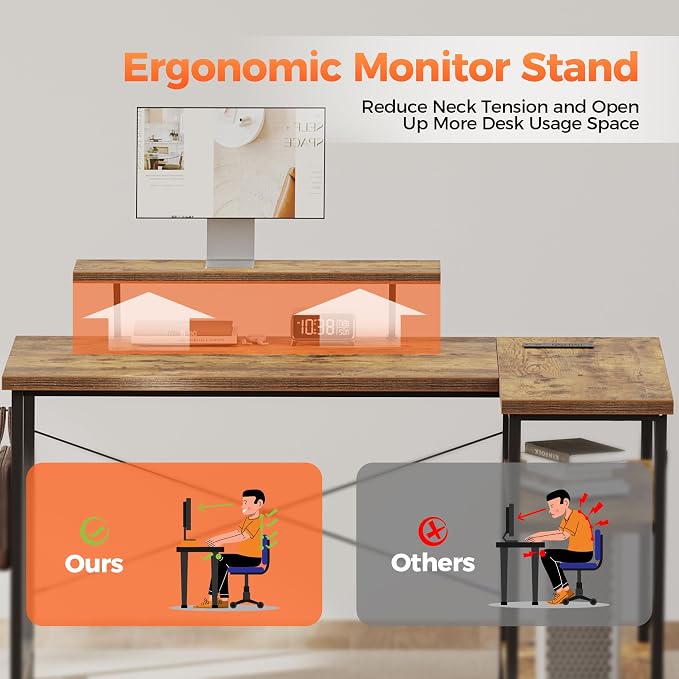 Mericonia Small L Shaped Computer Desk with Power Outlets, Reversible Gaming Desk with Storage Shelves & Monitor Stand, Corner Gamer Desk Table, Study Writing Table