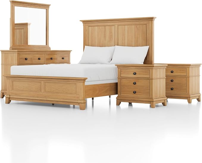 Furniture of America Yardley Farmhouse Solid Wood 5-Piece Bedroom Set with Platform Bed, Felt-Lined Top Drawers on Nightstands and Dresser with Mirror, Box Spring Needed, Queen, Natural Oak