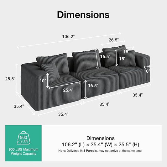 Novilla 106" Modular Sectional Sofa, Modern Cloud Sectional Couch with Smarts Coil® Support, Upholstered Boneless Couch for Living Room Apartments Bedroom, No Assembly Required, Dark Gray (3 Seat)