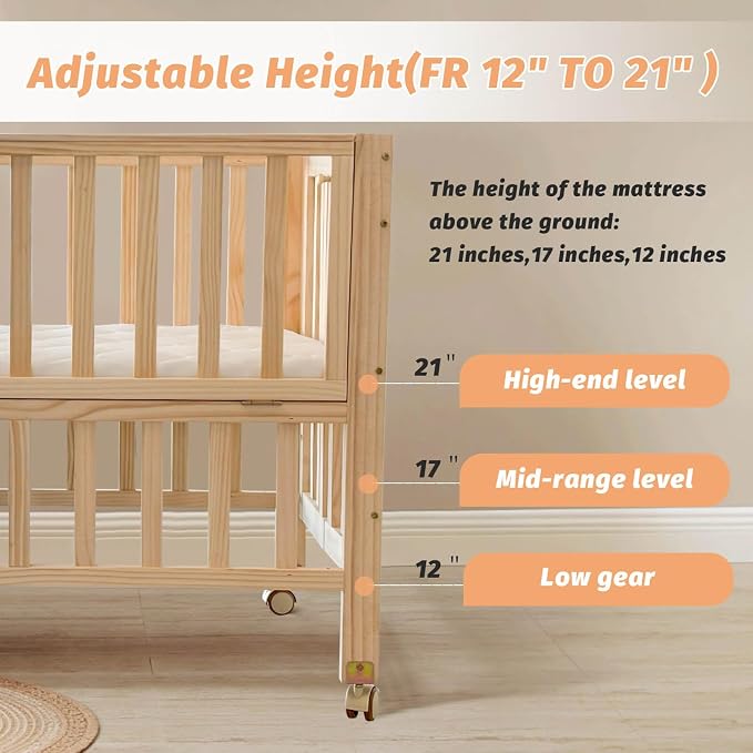 Flwrgirl Folding Wood Bedside Bassinet - Portable 4-in-1 Baby Bassinet with Breathable Mattress,3 Heights Baby Crib with Wheels,Mini Crib for Infant Newborn and Small Space,Unpainted