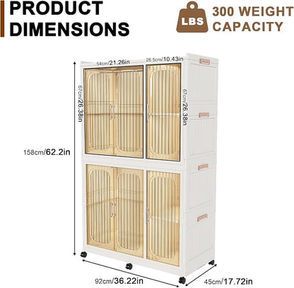Portable Wardrobe Closet Organizer, Large Kids Wardrobe Closet with Magnetic Doors and Wheels, Collapsible Plastic Baby Clothes Storage Cabinet, 4 Cubes and 2 Wardrobes (17.7"D x 36.2"W x 62.2"H)