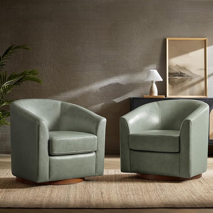 HULALA HOME Genuine Leather Swivel Barrel Chairs Set of 2, Round Swivel Accent Chairs with Solid Wood Base, Leather Barrel Accent Chair for Living Room, No Assembly Required, Sage