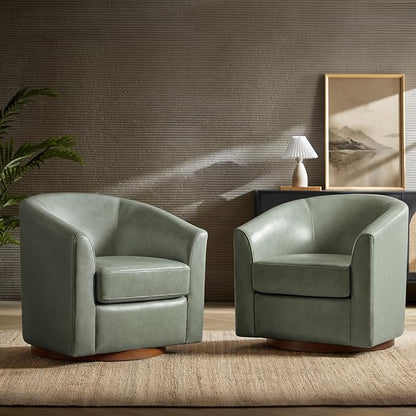 HULALA HOME Genuine Leather Swivel Barrel Chairs Set of 2, Round Swivel Accent Chairs with Solid Wood Base, Leather Barrel Accent Chair for Living Room, No Assembly Required, Sage