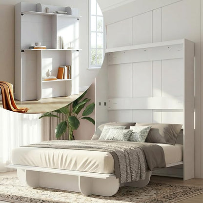 CECER Vertical Murphy Bed Queen，Save Space for Offices/Guest-White | Multi-Functional Queen Murphy Cabinet Beds with Storage Shelf/Bookshelf，Sturdy frame ＆ Easy Assemble
