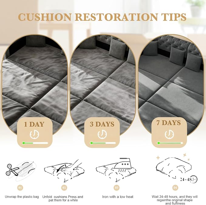 90.6'' Futon Sofa Bed, Chesterfield Velvet Sleeper Sofa, Convertible Floor L-Shaped Couch, Tufted Back, 4 Pillows, Gold Edge Trim, Deep Loveseat Couches for Living Room, Apartment, Gold Grey