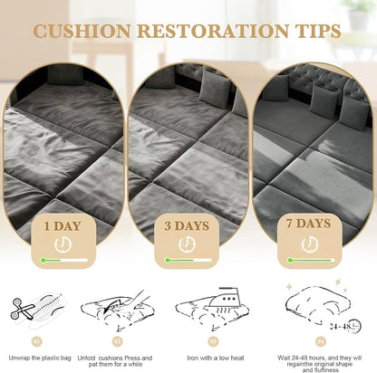 90.6'' Futon Sofa Bed, Chesterfield Velvet Sleeper Sofa, Convertible Floor L-Shaped Couch, Tufted Back, 4 Pillows, Gold Edge Trim, Deep Loveseat Couches for Living Room, Apartment, Gold Grey