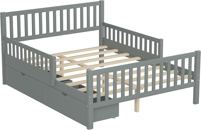 Bellemave Kids Full Size Bed Frame with Storage Drawers, Wood Full Bed Frames for Kids, Full Bed Frame with Headboard and Footboard for Boys Girls, No Box Spring Needed,Gray
