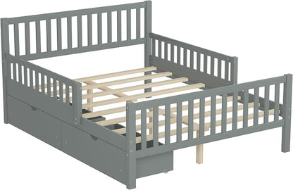Bellemave Kids Full Size Bed Frame with Storage Drawers, Wood Full Bed Frames for Kids, Full Bed Frame with Headboard and Footboard for Boys Girls, No Box Spring Needed,Gray